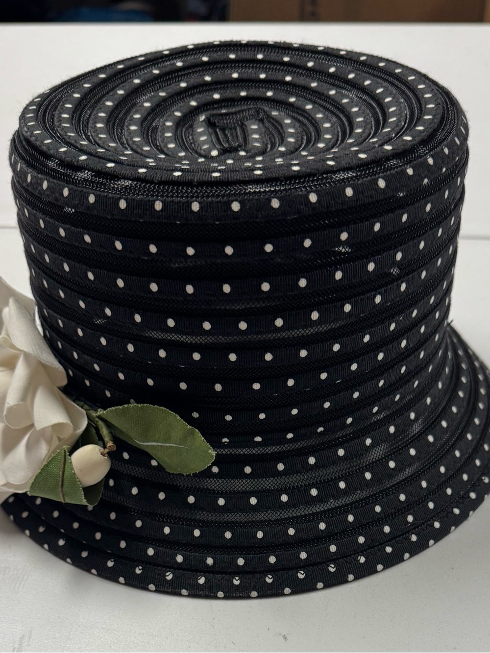 Kokin Polka Dot Black Cloche Hat with White Flower Accent